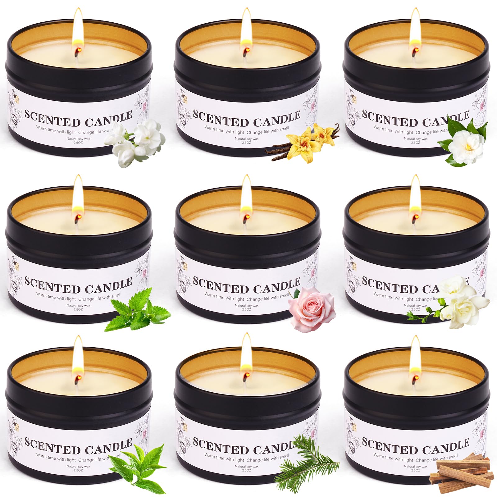KIYTARBOO 9-pack candles in gift-box closeup for calming ambience.