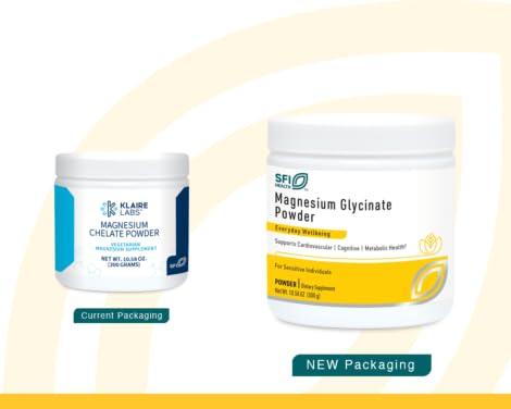 Close-up of Klaire Labs magnesium chelate powder bottle label