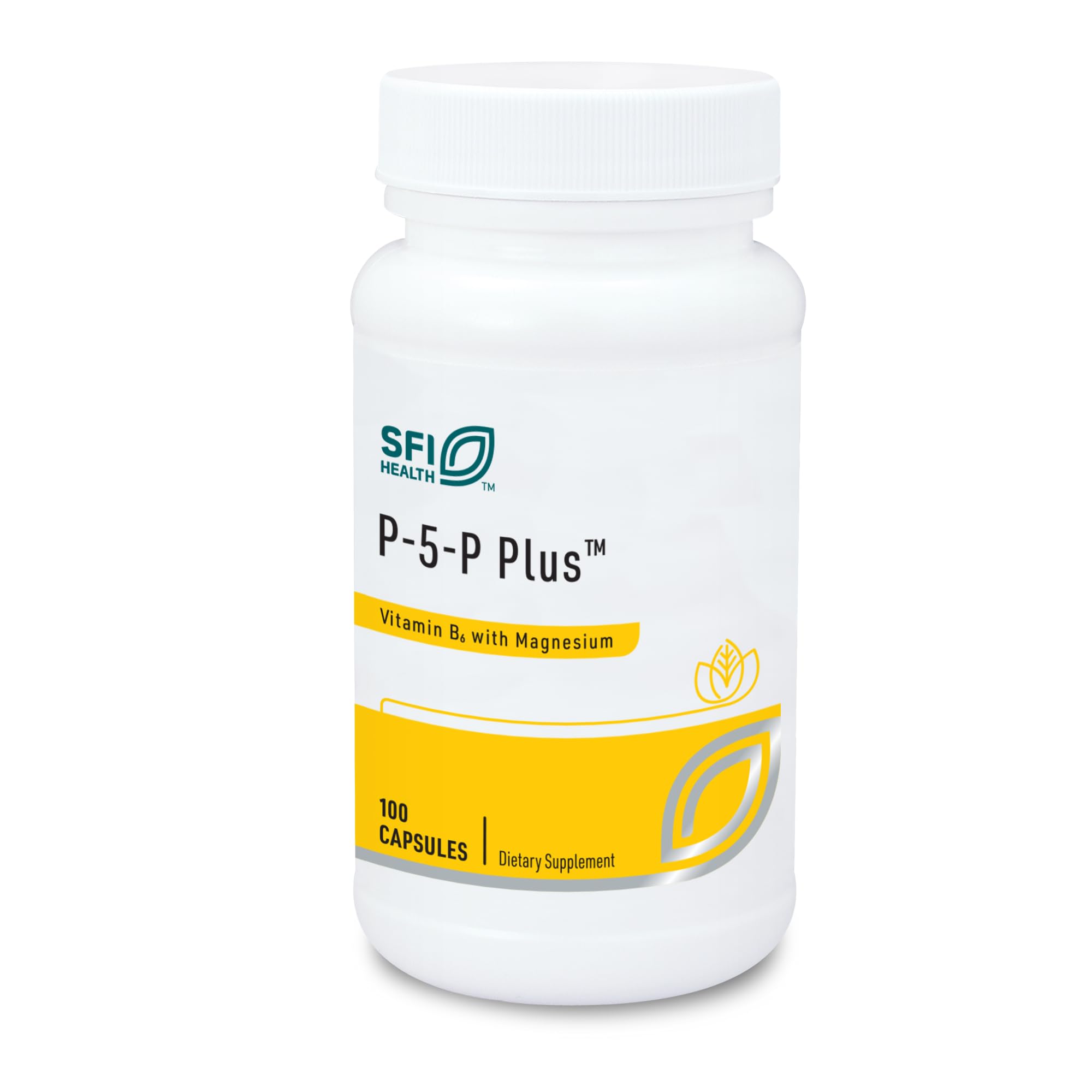 Klaire Labs P-5-P Plus Mg 100caps bottle highlights hypoallergenic formula for daily vitamin B6 support.