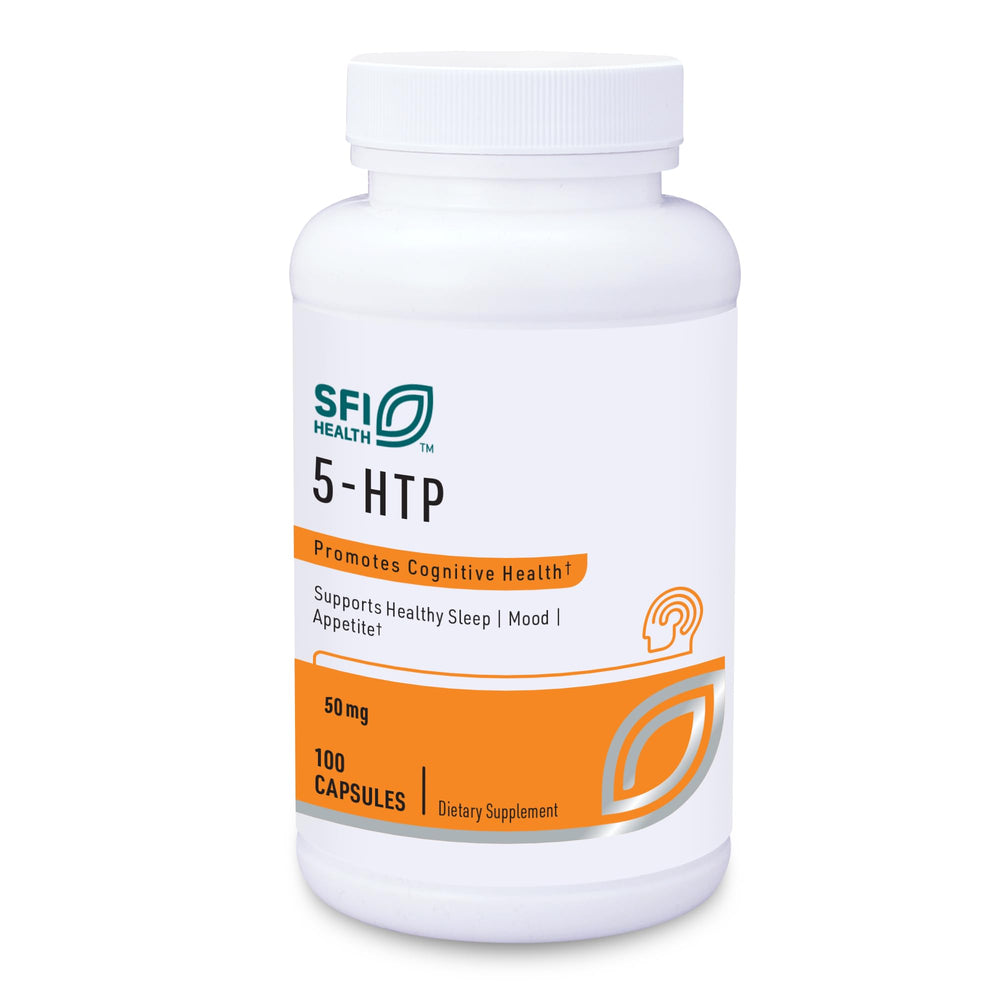 Bottle of Klaire Labs SFI Health 5-HTP 50 mg capsules on a white background