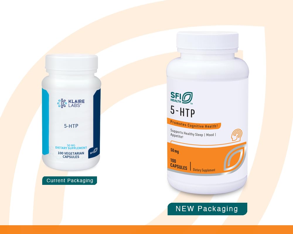 Close-up of SFI Health 5-HTP bottle label highlighting hypoallergenic formula