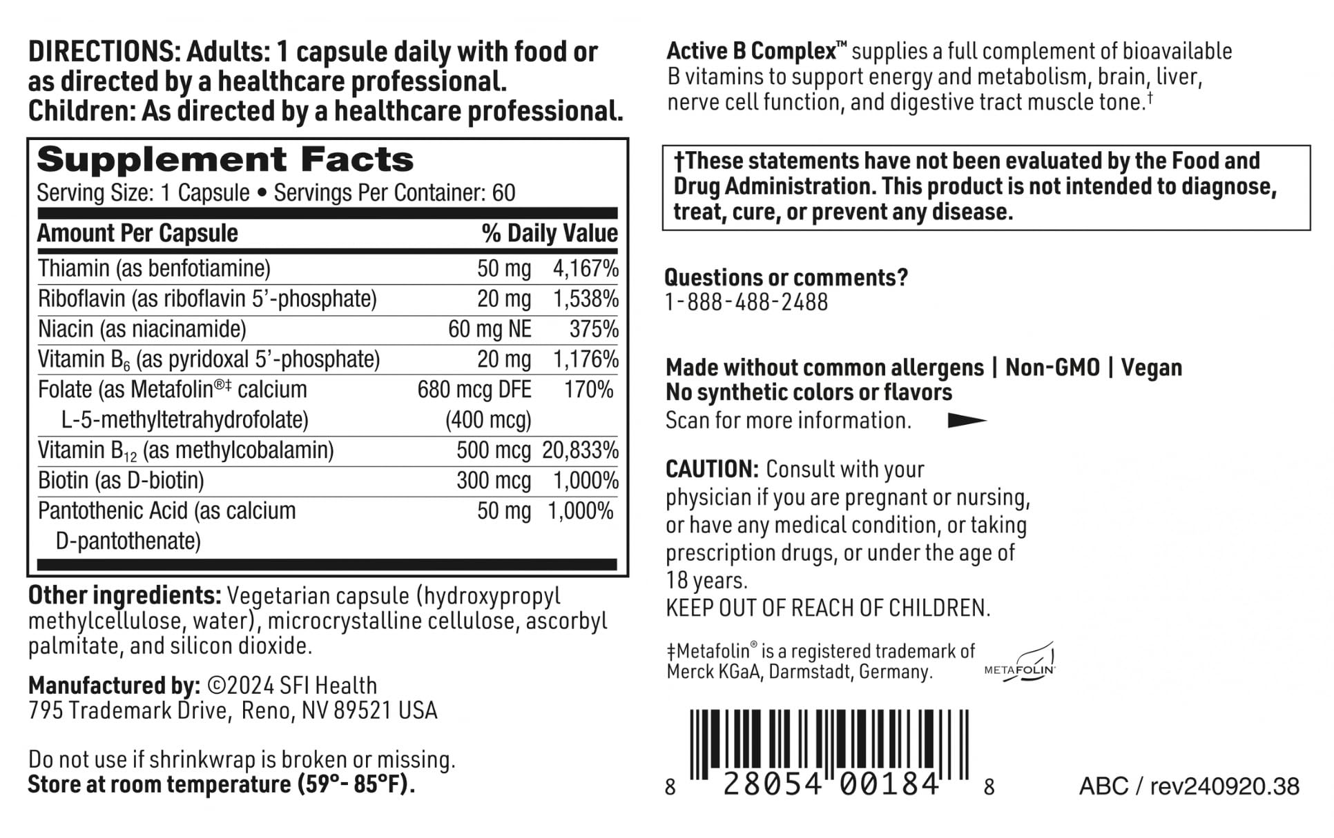 Close-up of Klaire Labs SFI Health Active B Complex product label