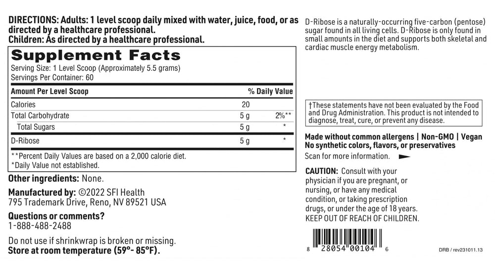 Klaire Labs SFI Health D-Ribose powder ingredients panel showing purity.