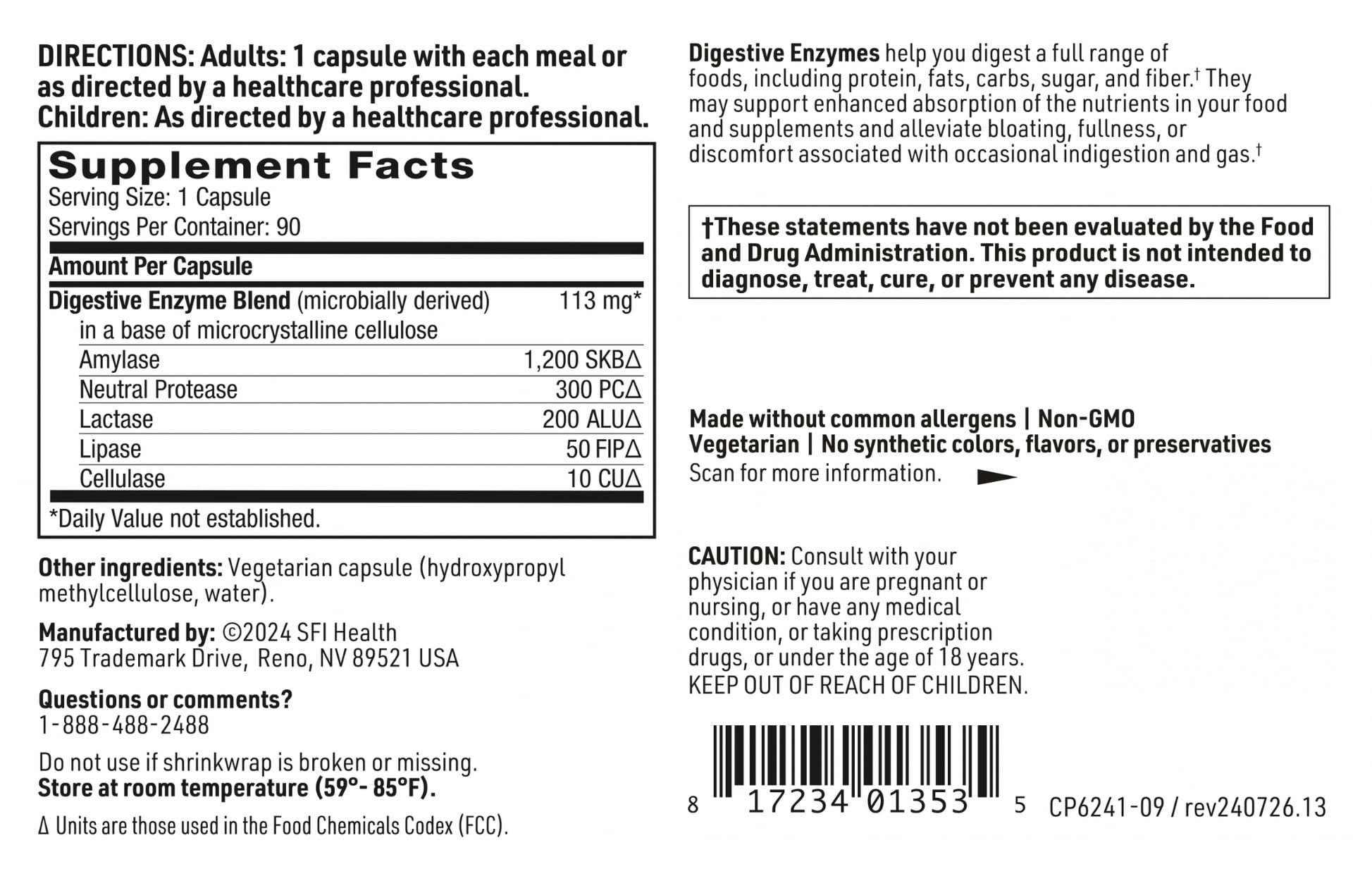 Allergen-free and non-GMO claims on digestive enzyme bottle