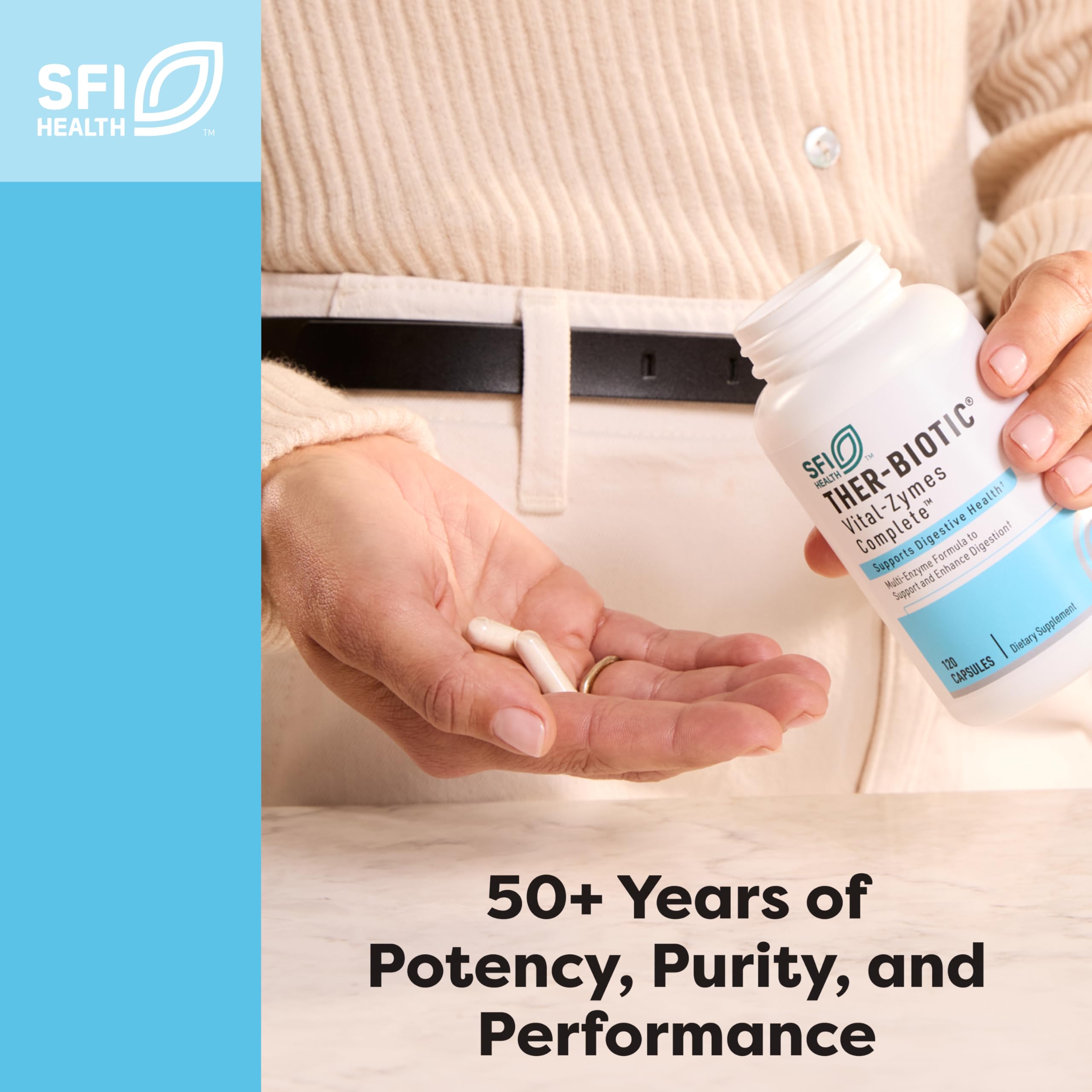 Healthcare professional reviewing Klaire Labs SFI Health Digestive Enzymes product details