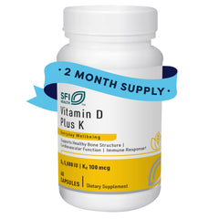 Bottle of Klaire Labs SFI Health Vitamin D Plus K supplement with D3 5000 IU and K2 100 mcg