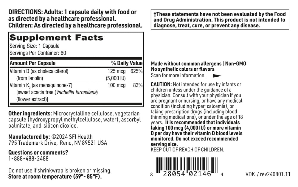 60-capsule bottle of Klaire Labs D3 K2 supplement