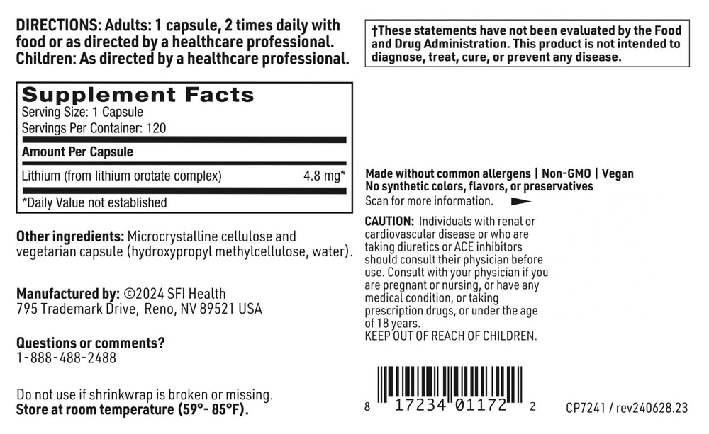 Klaire lithium orotate packaging close-up shows no artificial colors or preservatives