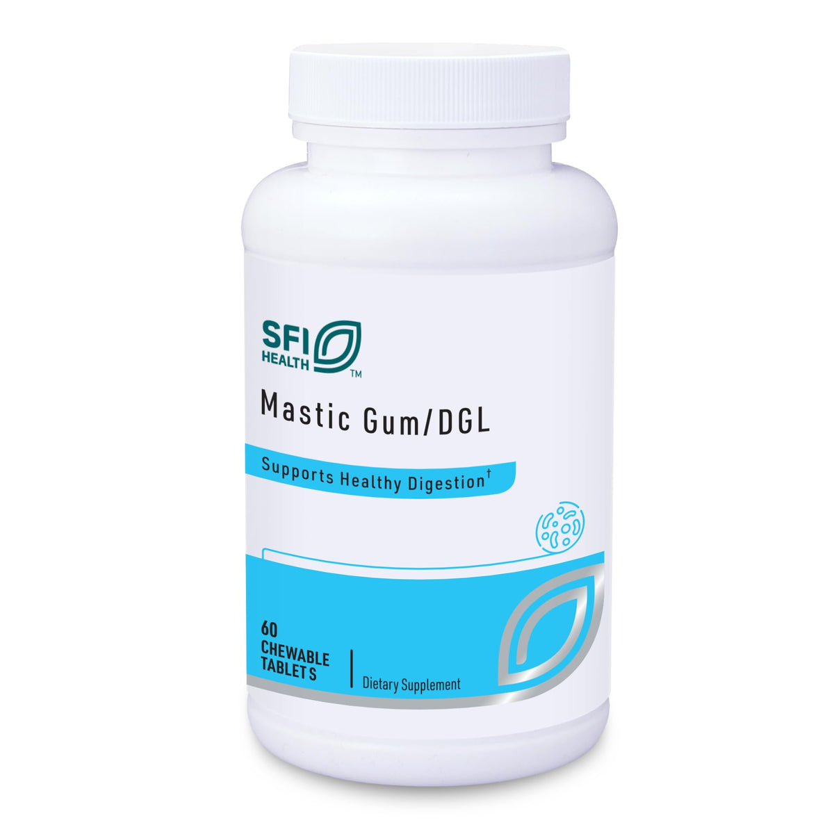 Bottle label of Klaire Labs SFI Health Mastic Gum DGL Licorice Cinnamon chewables (60 tablets)