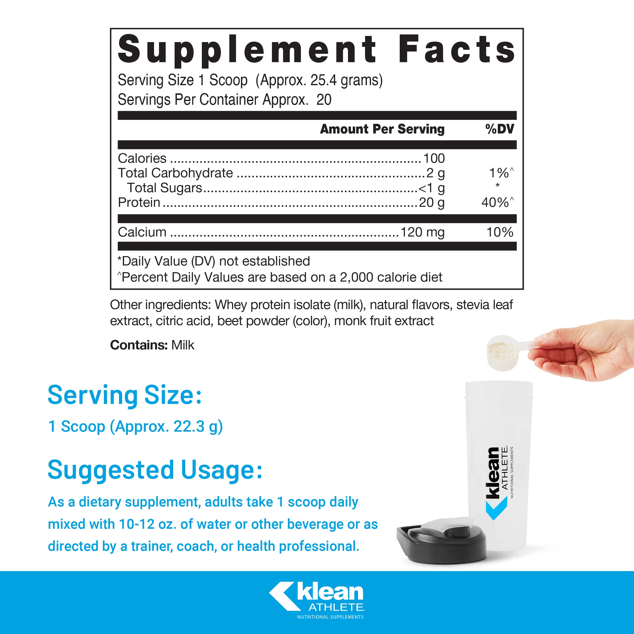 Klean Isolate powder close-up; premium whey protein isolate for daily amino acid intake.
