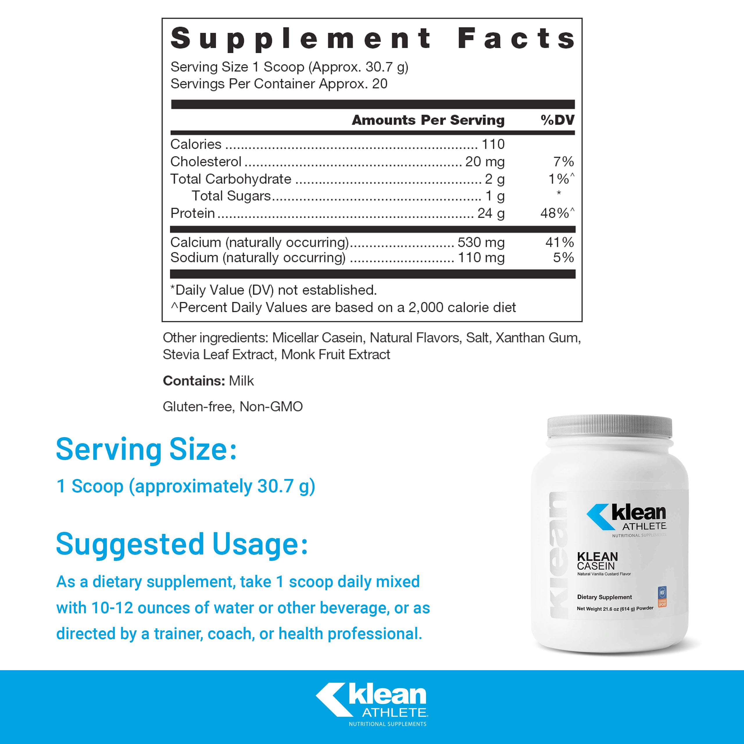 Klean Casein label closeup shows gluten-free and GMO-free formulation.