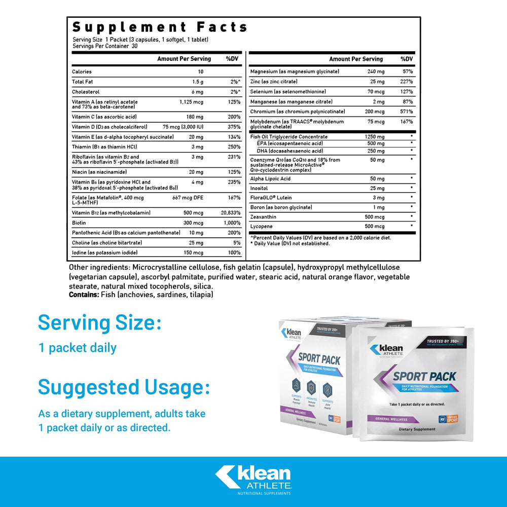 Close-up of Klean Sport Pack packet showing daily dose label