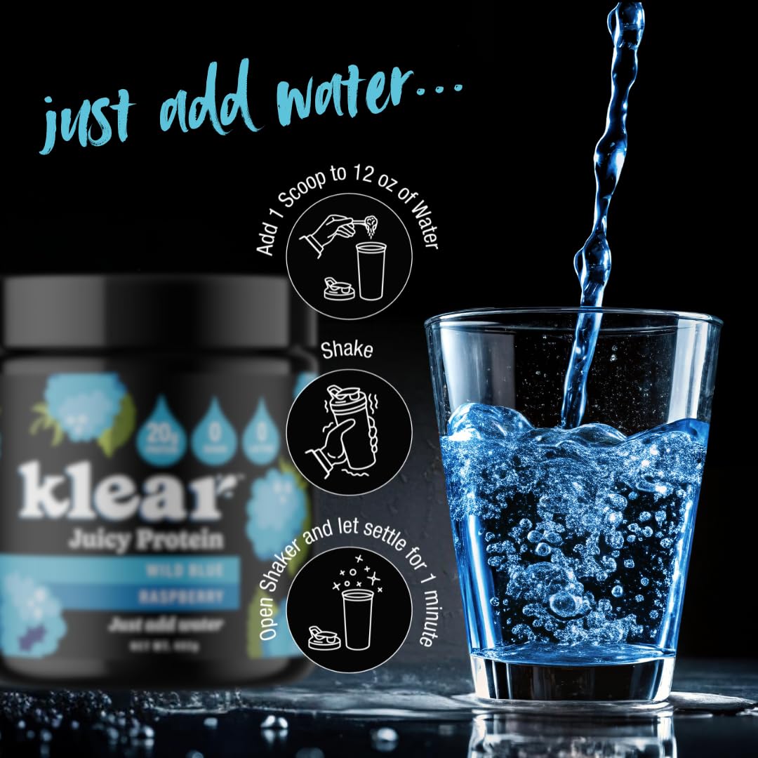 Klear protein powder jar with wild blue raspberry flavor label