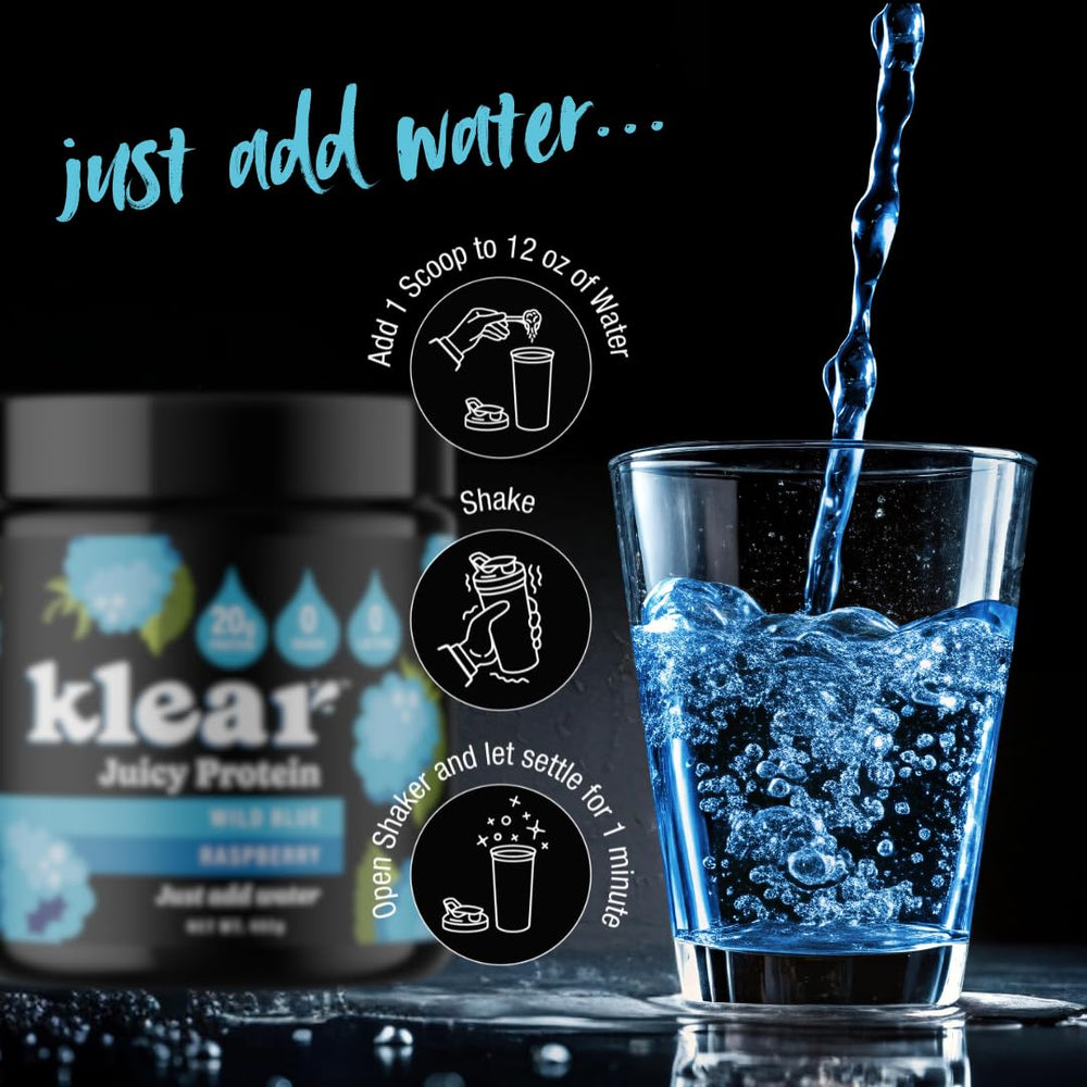 Klear protein powder jar with wild blue raspberry flavor label