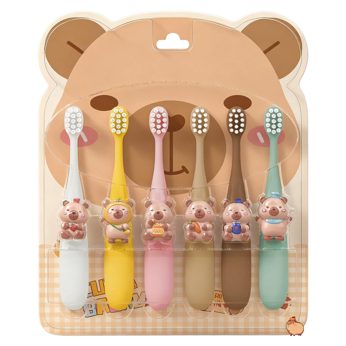 Six colorful Capybara kids' toothbrushes with soft bristles
