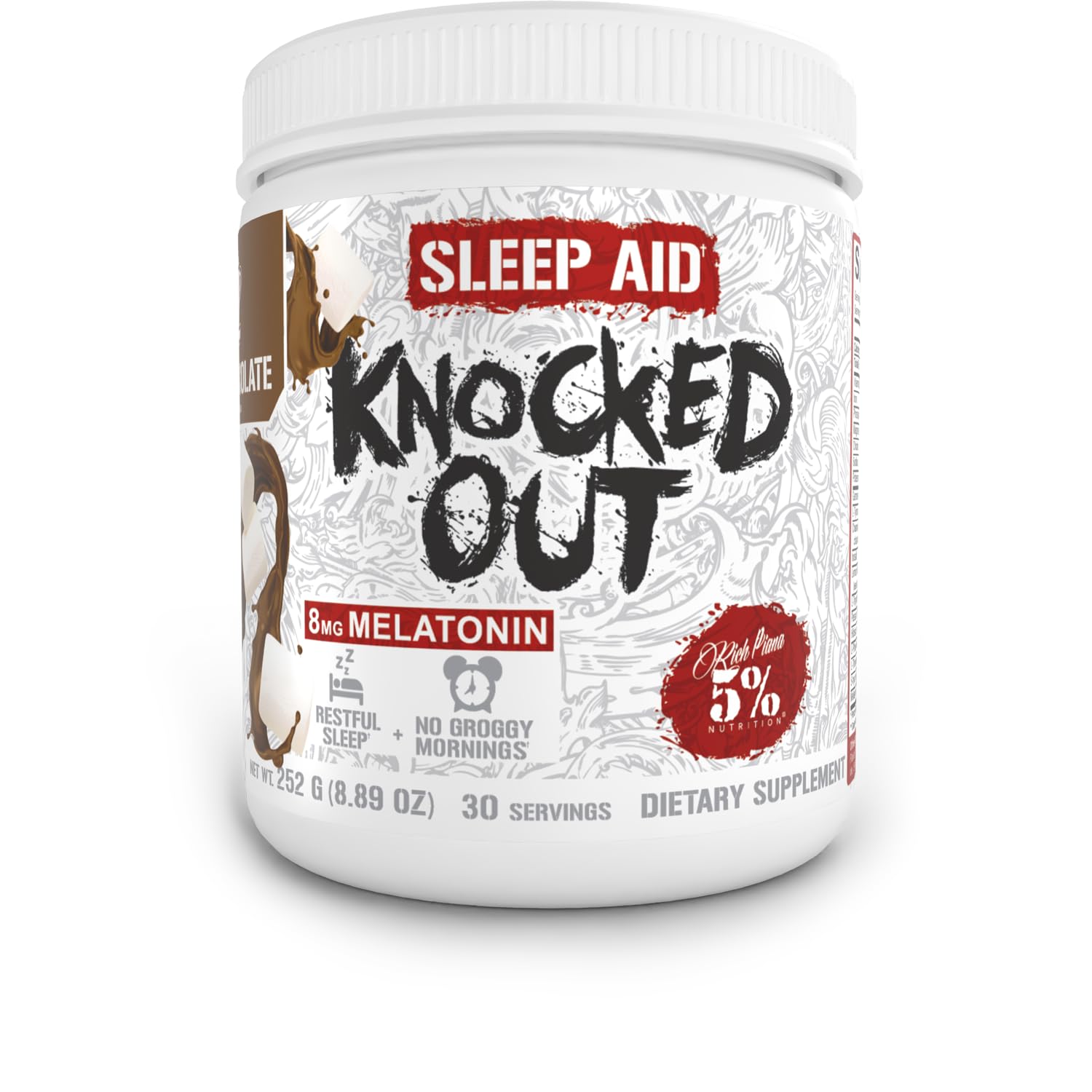 Bottle of Rich Piana Knocked Out Sleep Aid in hot chocolate flavor