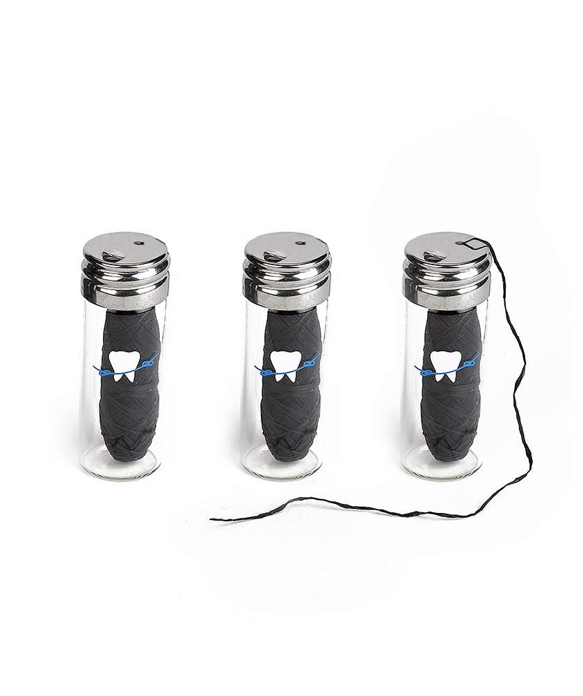 Knotty Floss bamboo charcoal no-knot floss packaging in glass jar