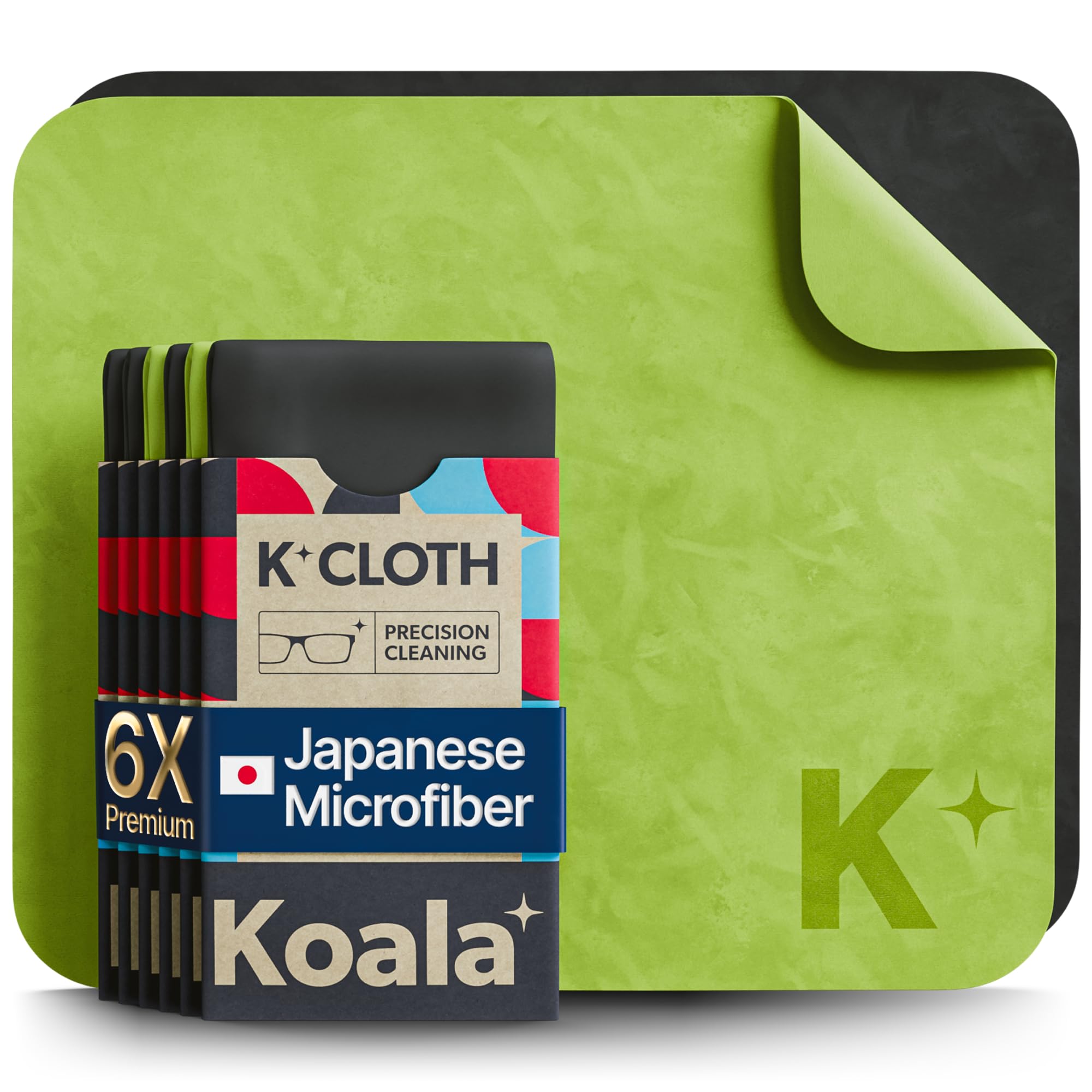 Koala lens cleaning cloth - black and green, pack of 6, front view