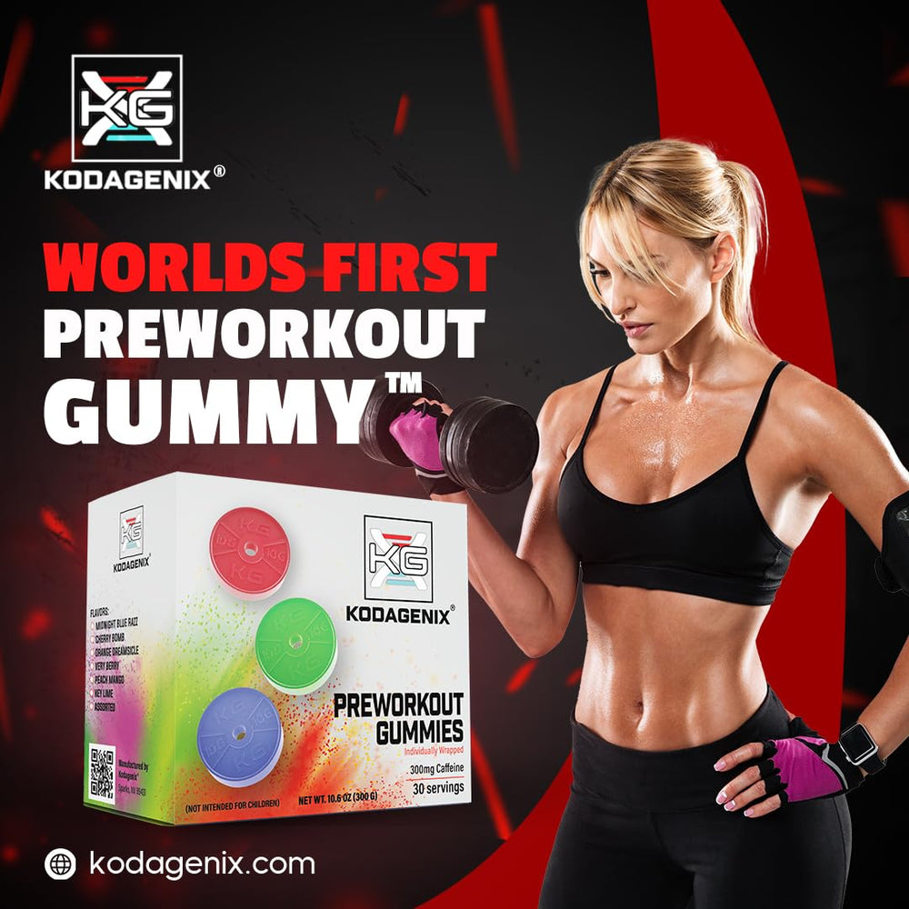 Kodagenix pre-workout gummies closeup candy texture signals tasty energy boost.