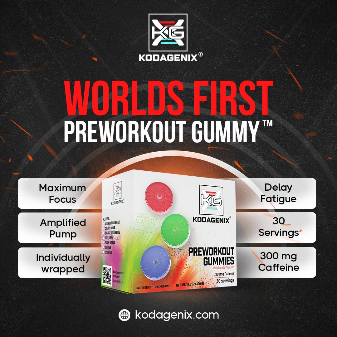 Kodagenix pre-workout gummies flavor pack highlights six sour flavors for variety.