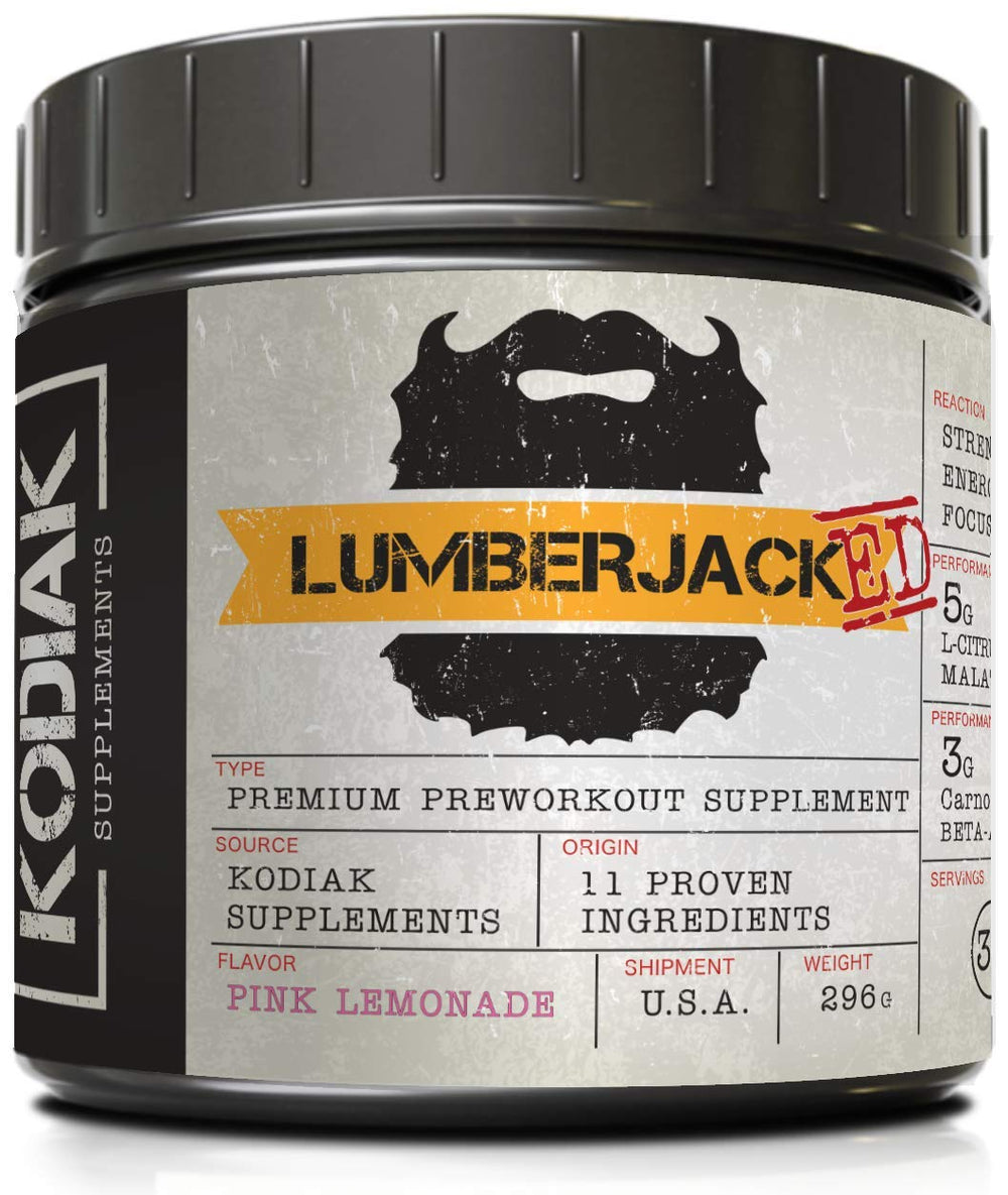 Kodiak Supplements Lumberjacked pink lemonade bottle for pre-workout energy and focus.