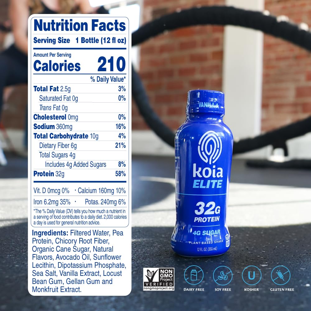 Front view of Koia Elite Vanilla protein shake bottle - 32g protein