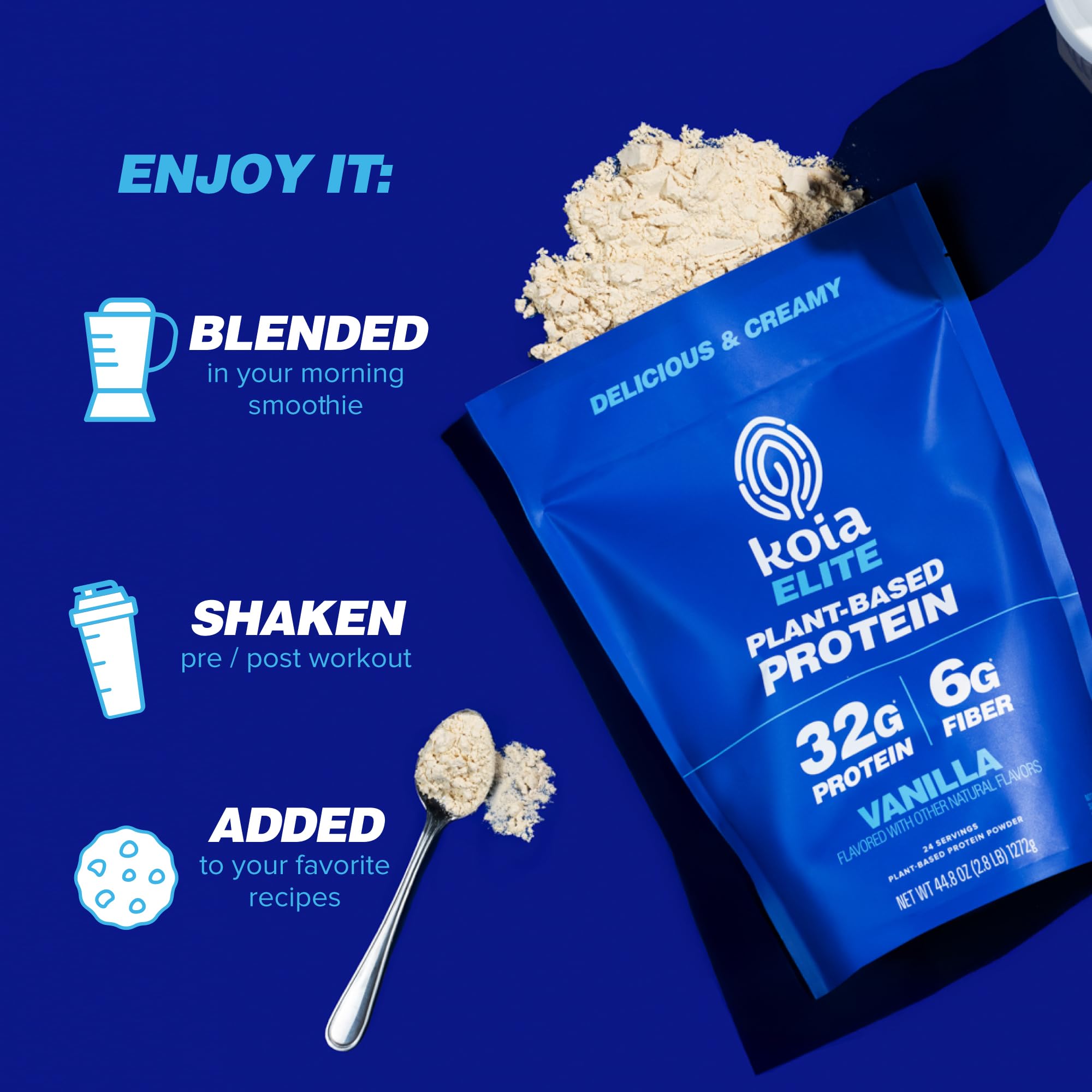 Koia Vanilla protein powder scoop emphasizes convenient plant-based nutrition