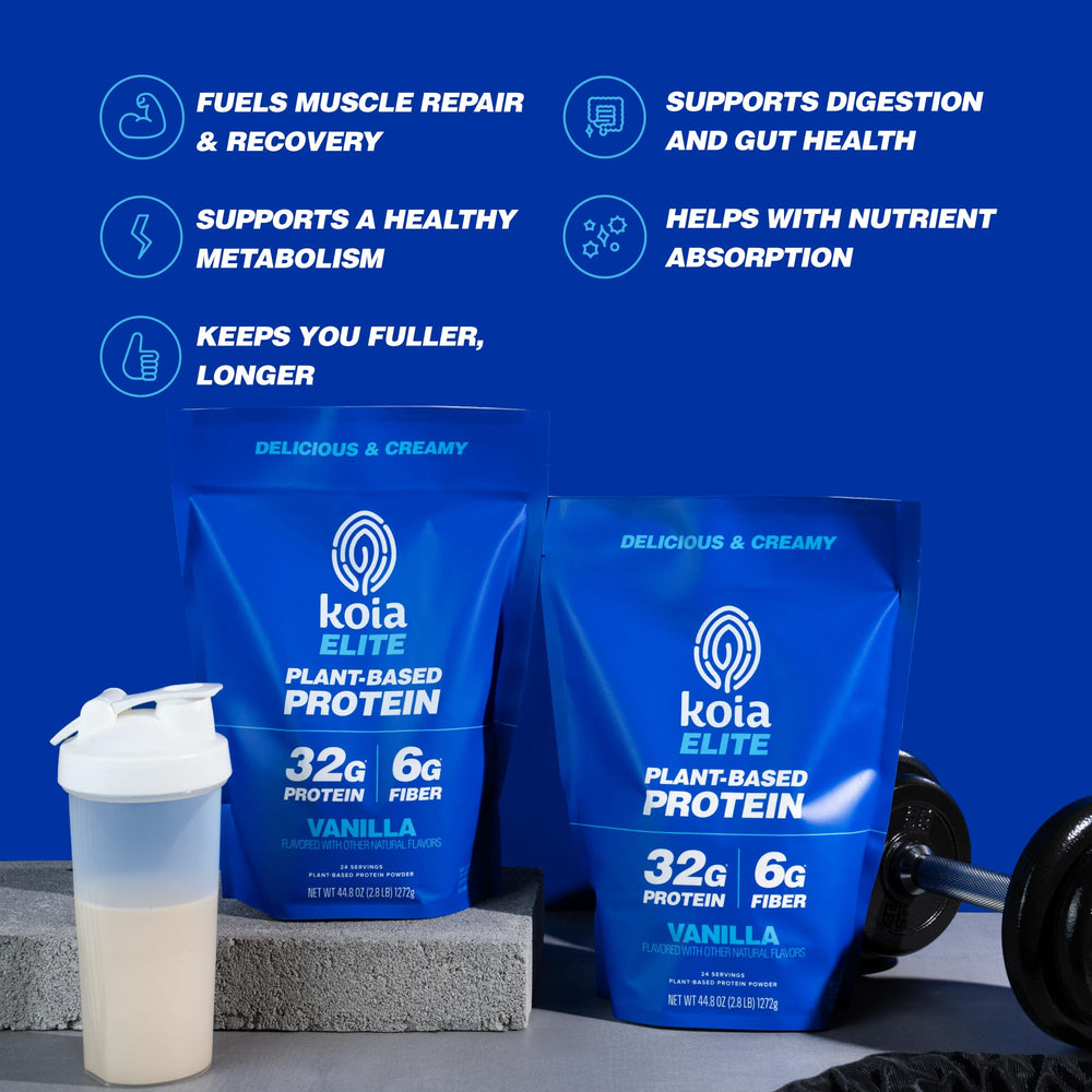 Koia Vanilla shaker pre/post-workout setup suggests versatile recovery use
