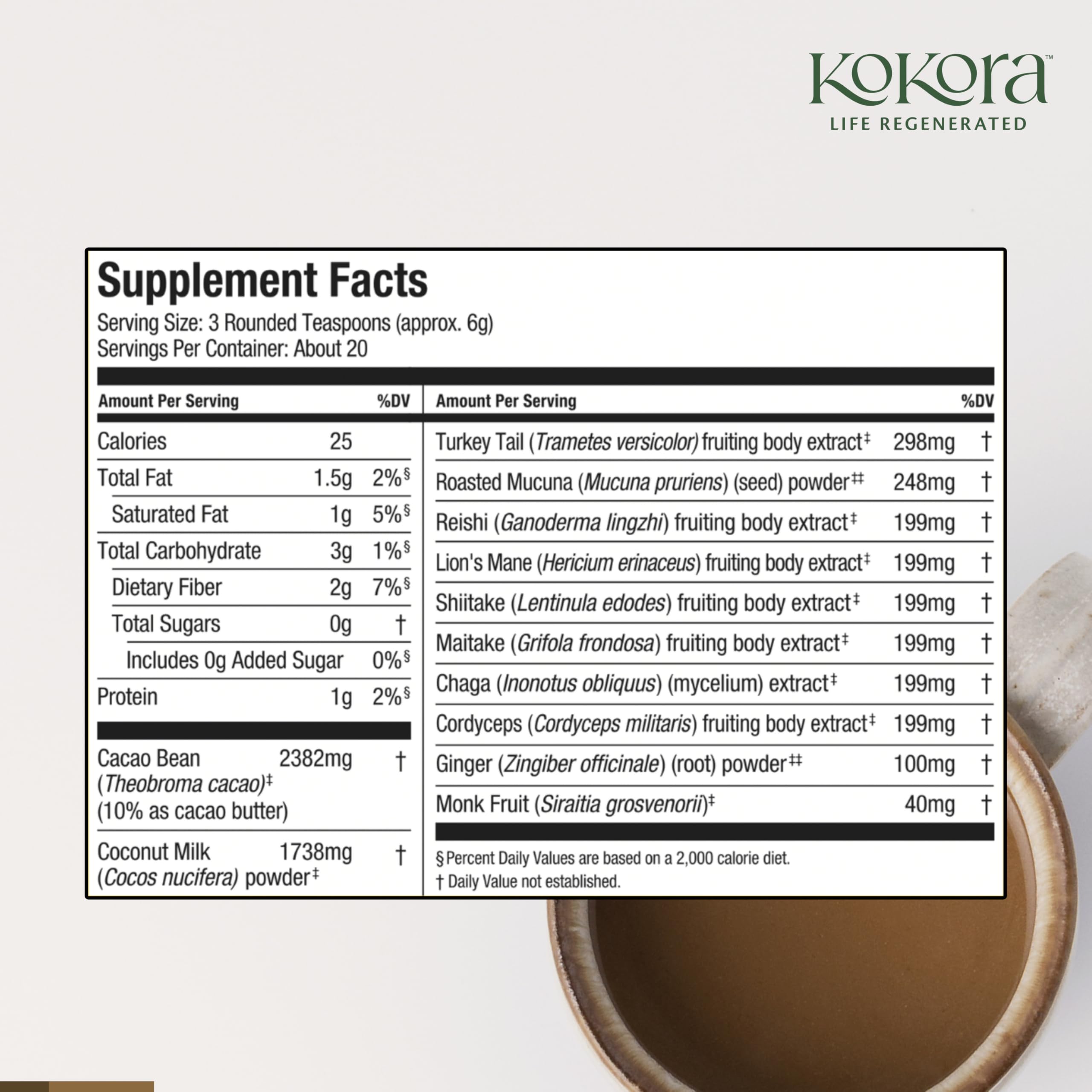 Close-up of Kokora 7 Mushroom Mocha powder with mushrooms and cacao