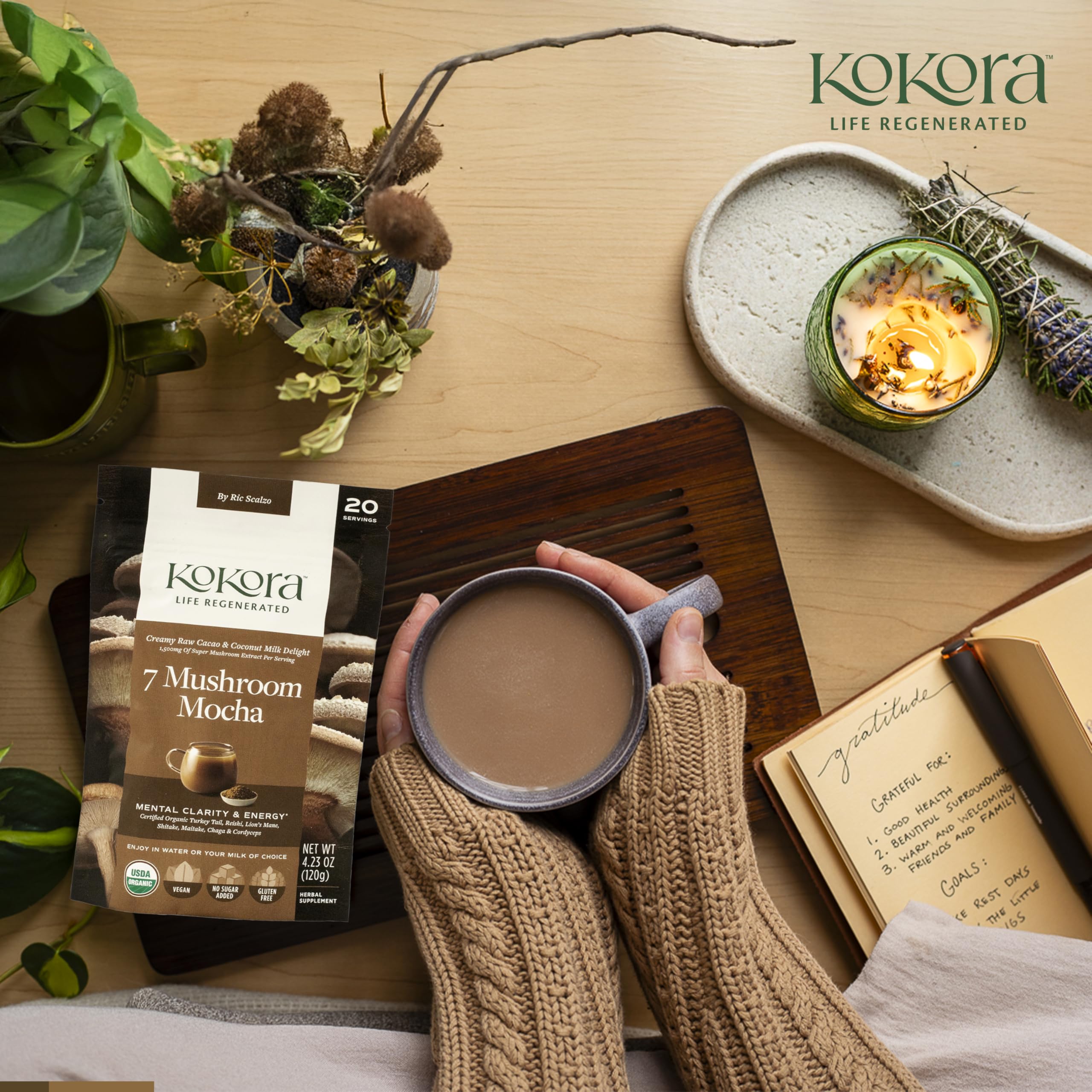 Serving Kokora 7 Mushroom Mocha with non-dairy milk and cinnamon