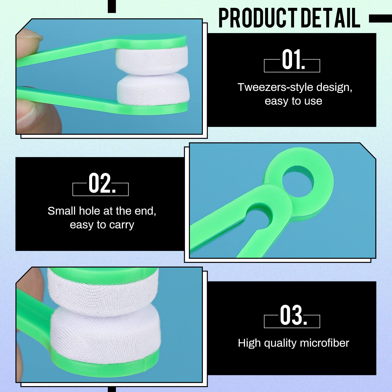 Tweezer-shaped eyeglasses cleaner in colorful set