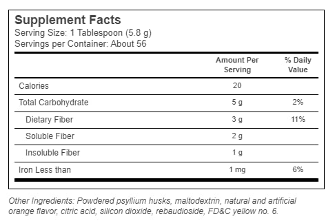 Close-up of Konsyl orange sugar-free psyllium fiber product label