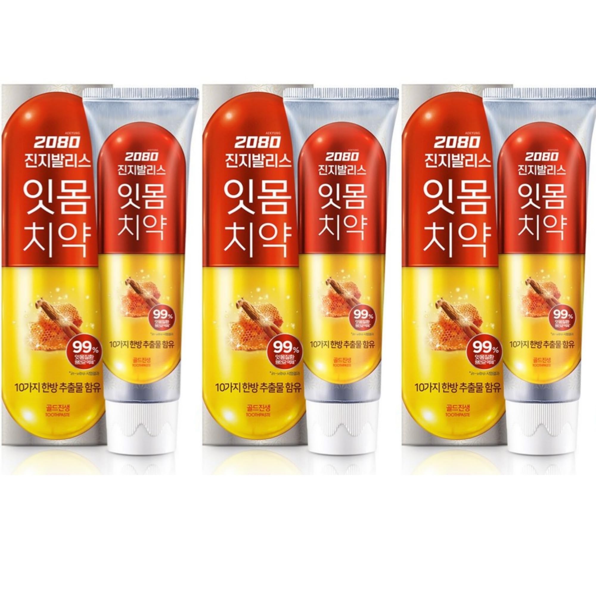 Three 140g tubes of Korean Gold Ginseng Toothpaste in bulk pack