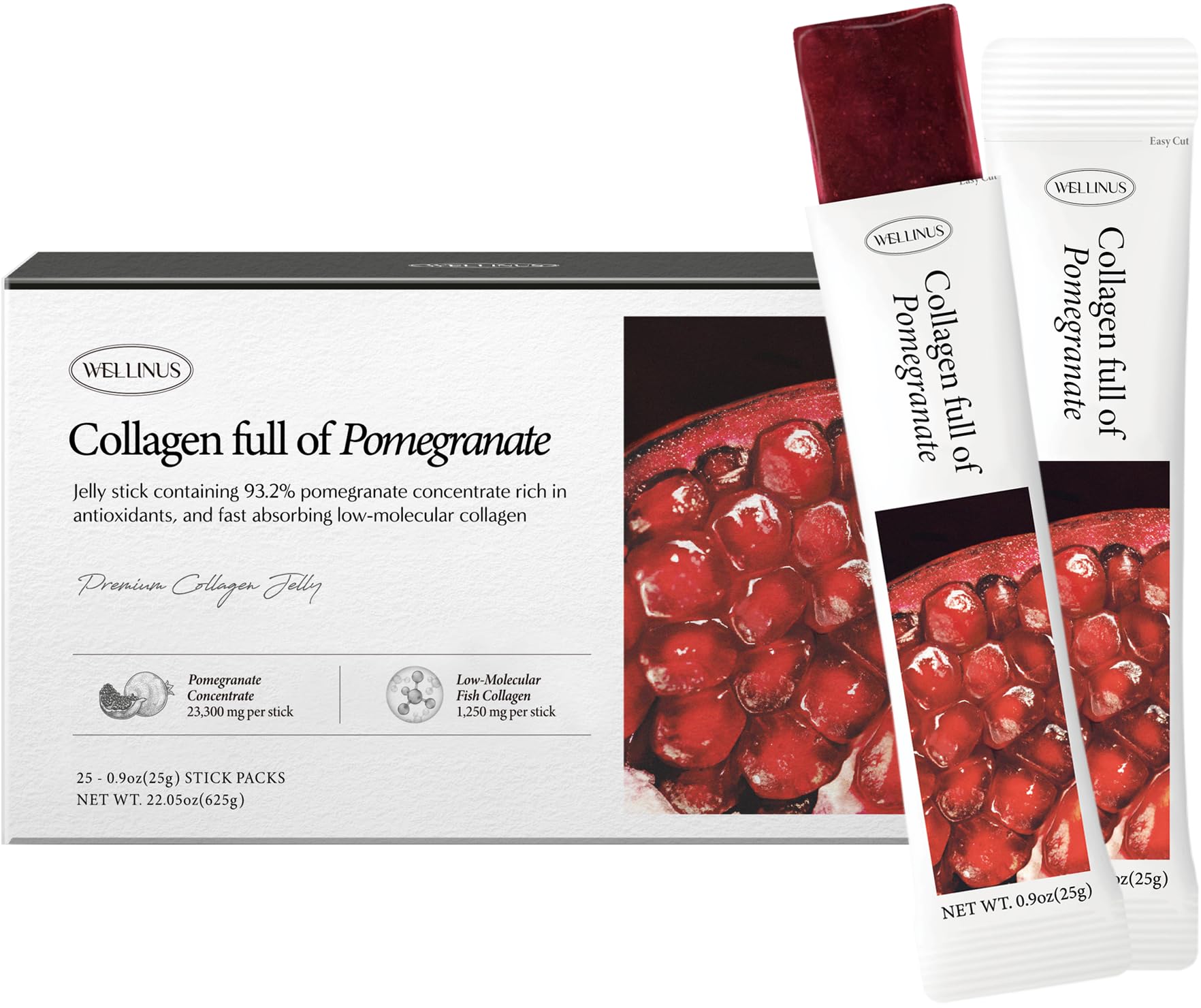 Front view of 25-pack Korean marine collagen jelly sticks in pomegranate flavor