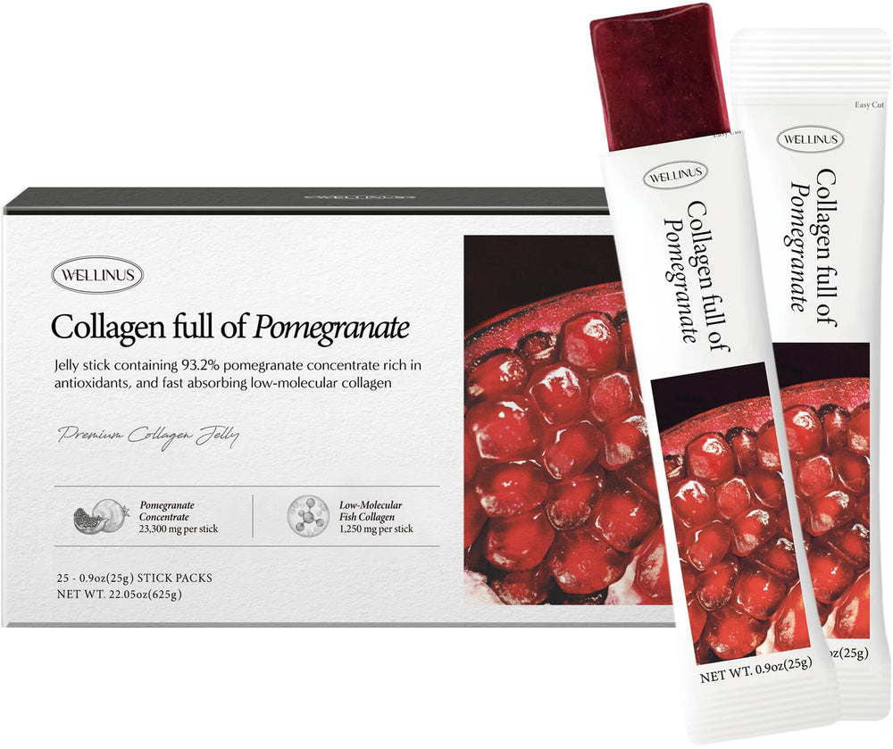 Front view of 25-pack Korean marine collagen jelly sticks in pomegranate flavor