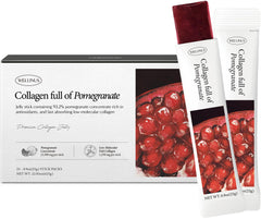 Front view of 25-pack Korean marine collagen jelly sticks in pomegranate flavor