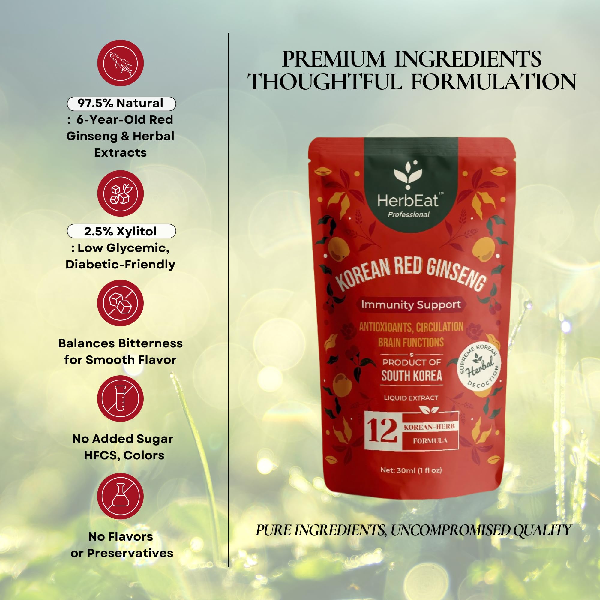 Close-up of liquid sachet for Korean Red Ginseng Prime Extract