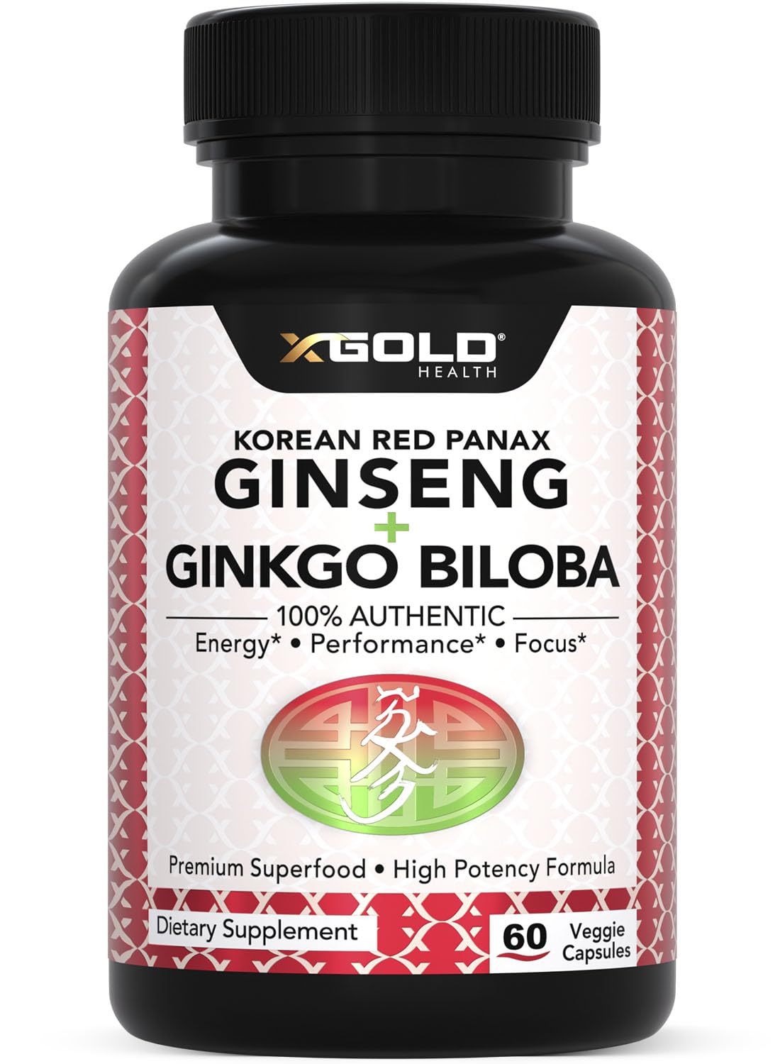 Korean Red Panax Ginseng 1200mg + Ginkgo Biloba vegan capsules bottle