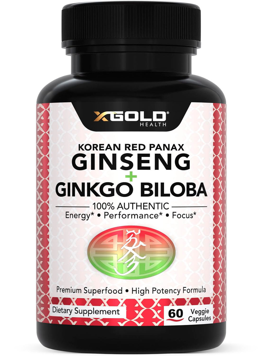 Korean Red Panax Ginseng 1200mg + Ginkgo Biloba vegan capsules bottle