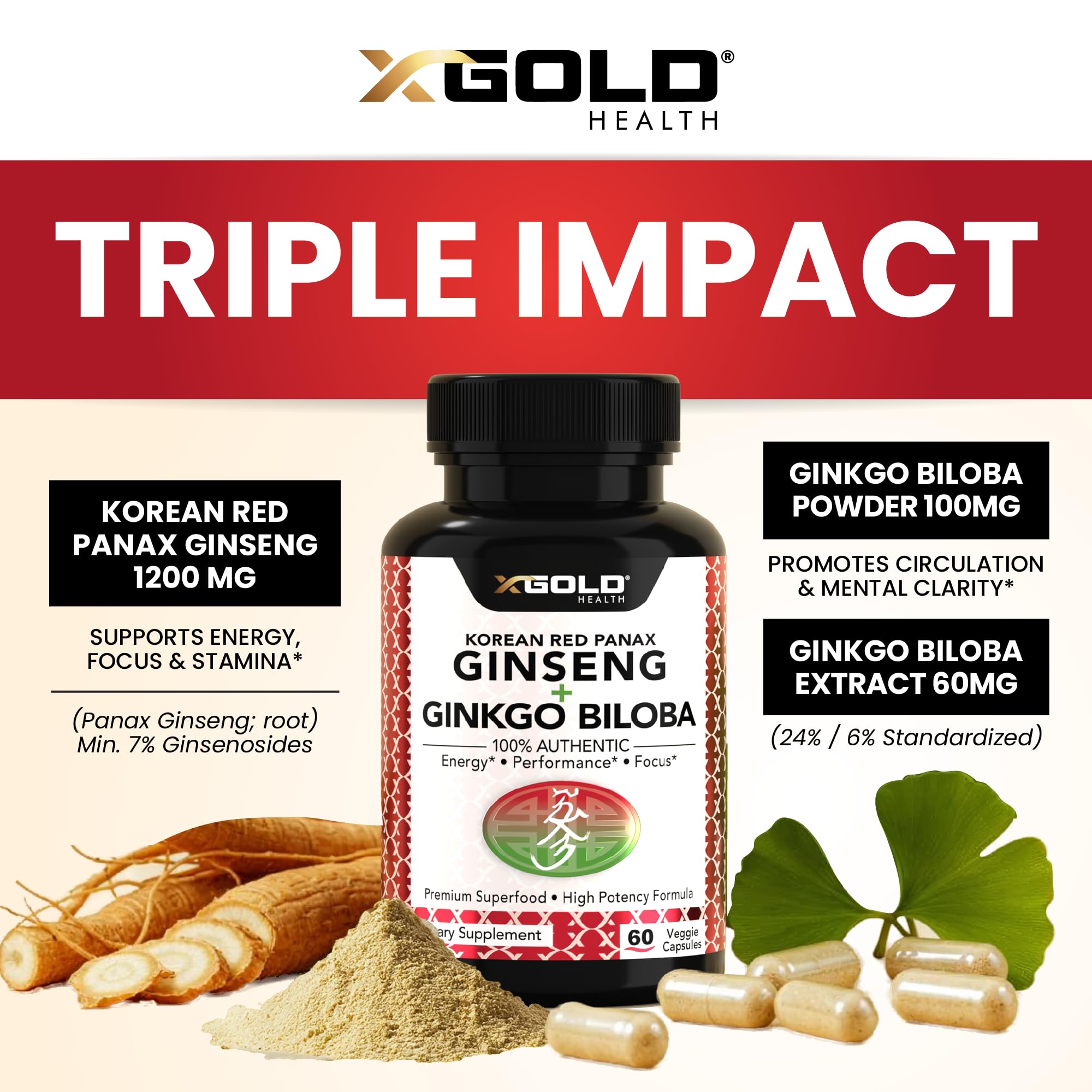 Korean Red Panax Ginseng root with Ginkgo Biloba leaves