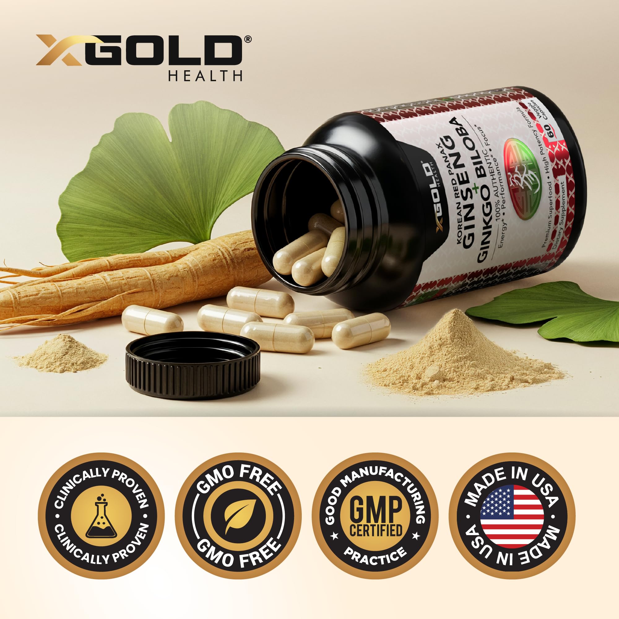 Vegan, gluten-free, GMO-free, USA-made supplement seal