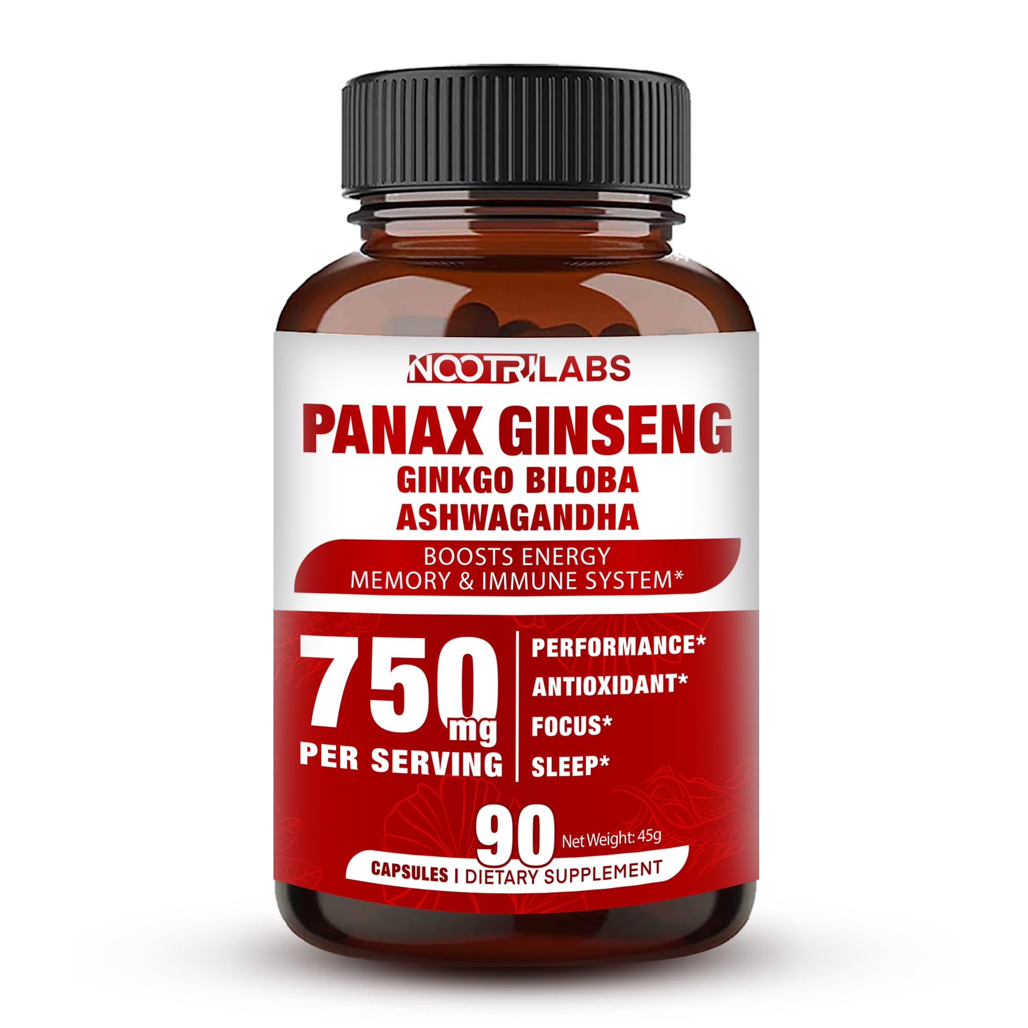 Bottle of Korean Red Panax Ginseng 750mg with Ginkgo Biloba and Ashwagandha