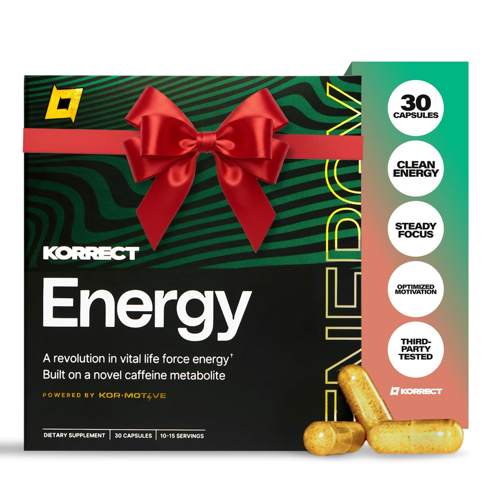 KORRECT LIFE Korrect Energy bottle front view showing packaging for jitter-free energy and sustained focus
