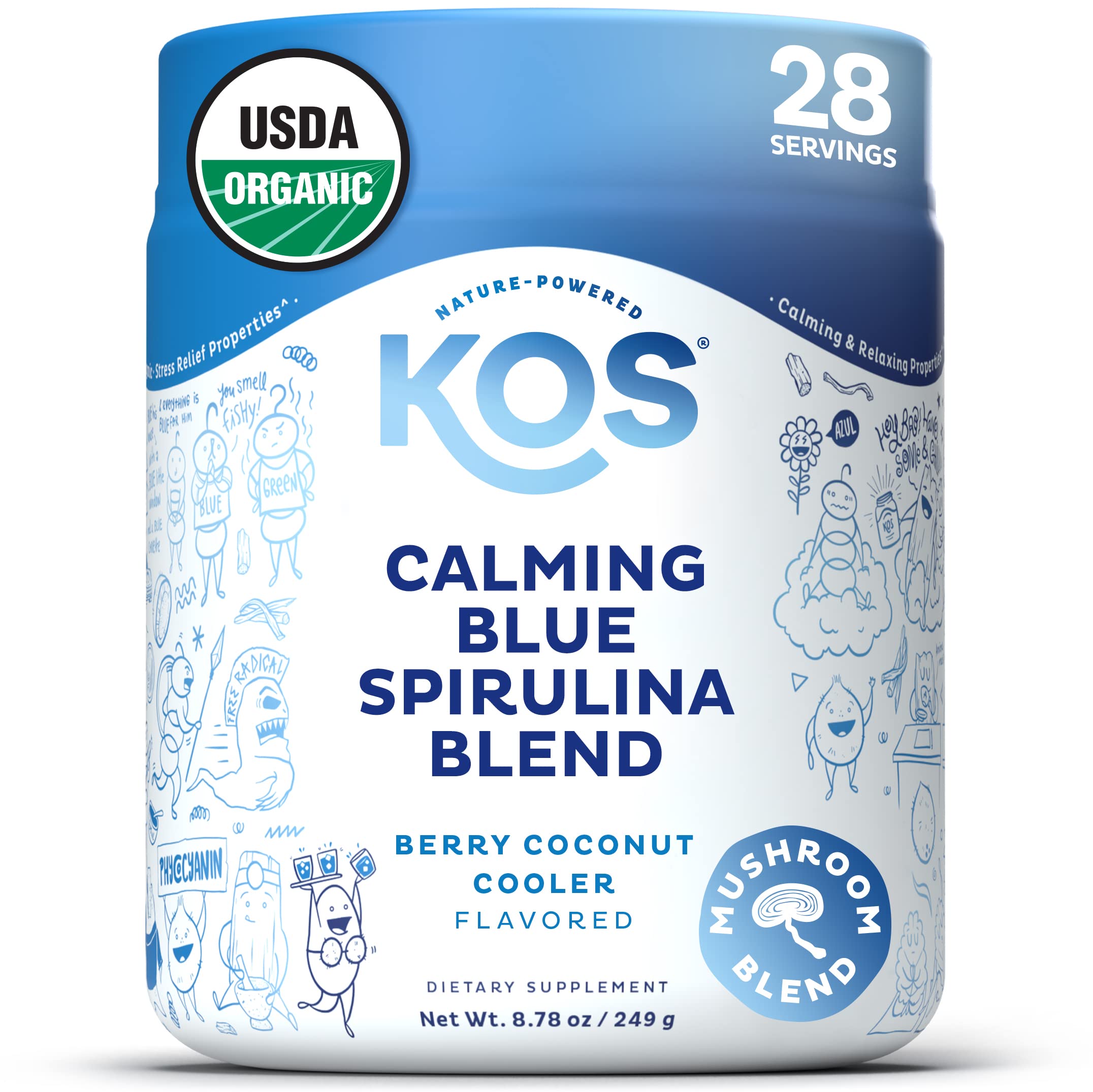 Front label of KOS Calming Blue Spirulina Blend Berry Coconut Cooler