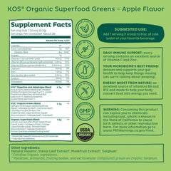 Ingredients include wheatgrass, kale, spirulina and more