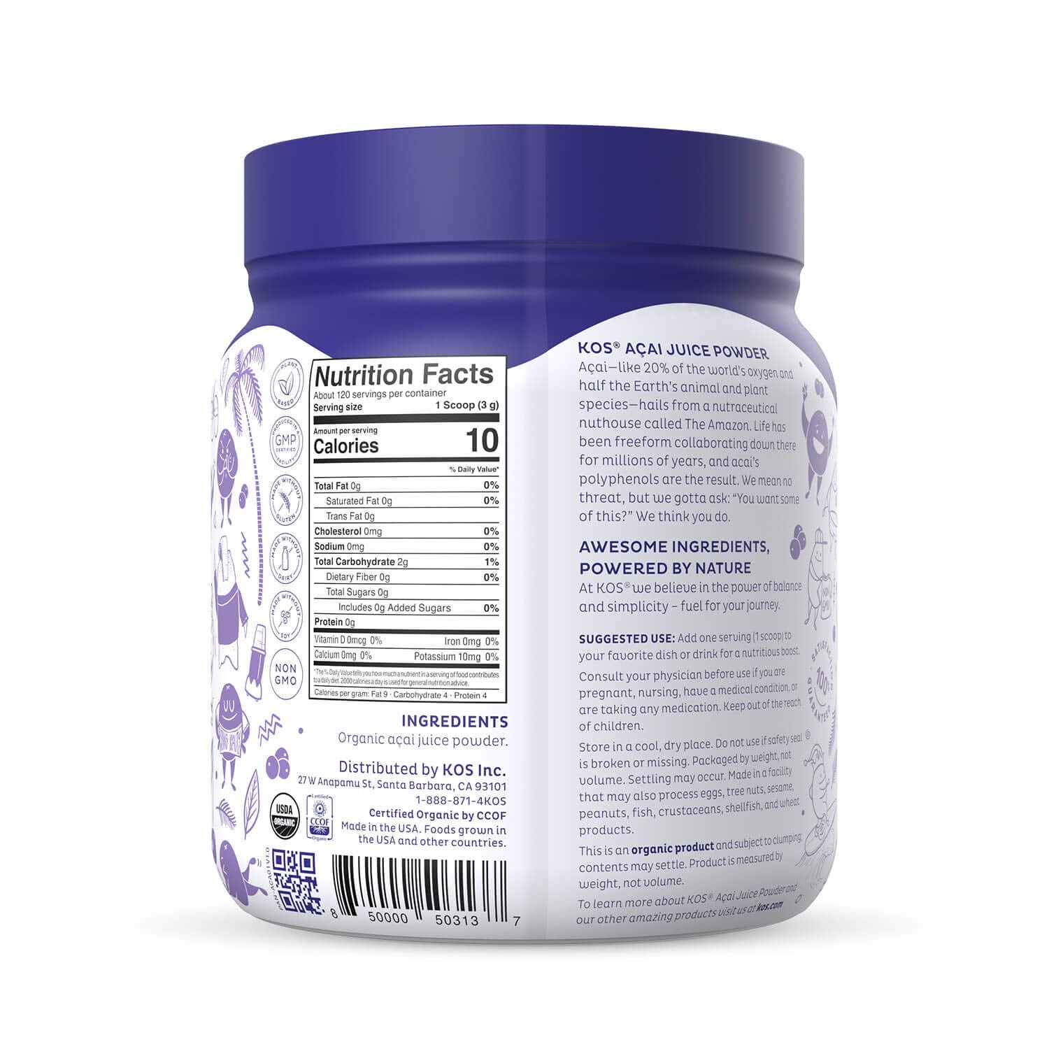 Nutrition panel and ingredients of Acai powder