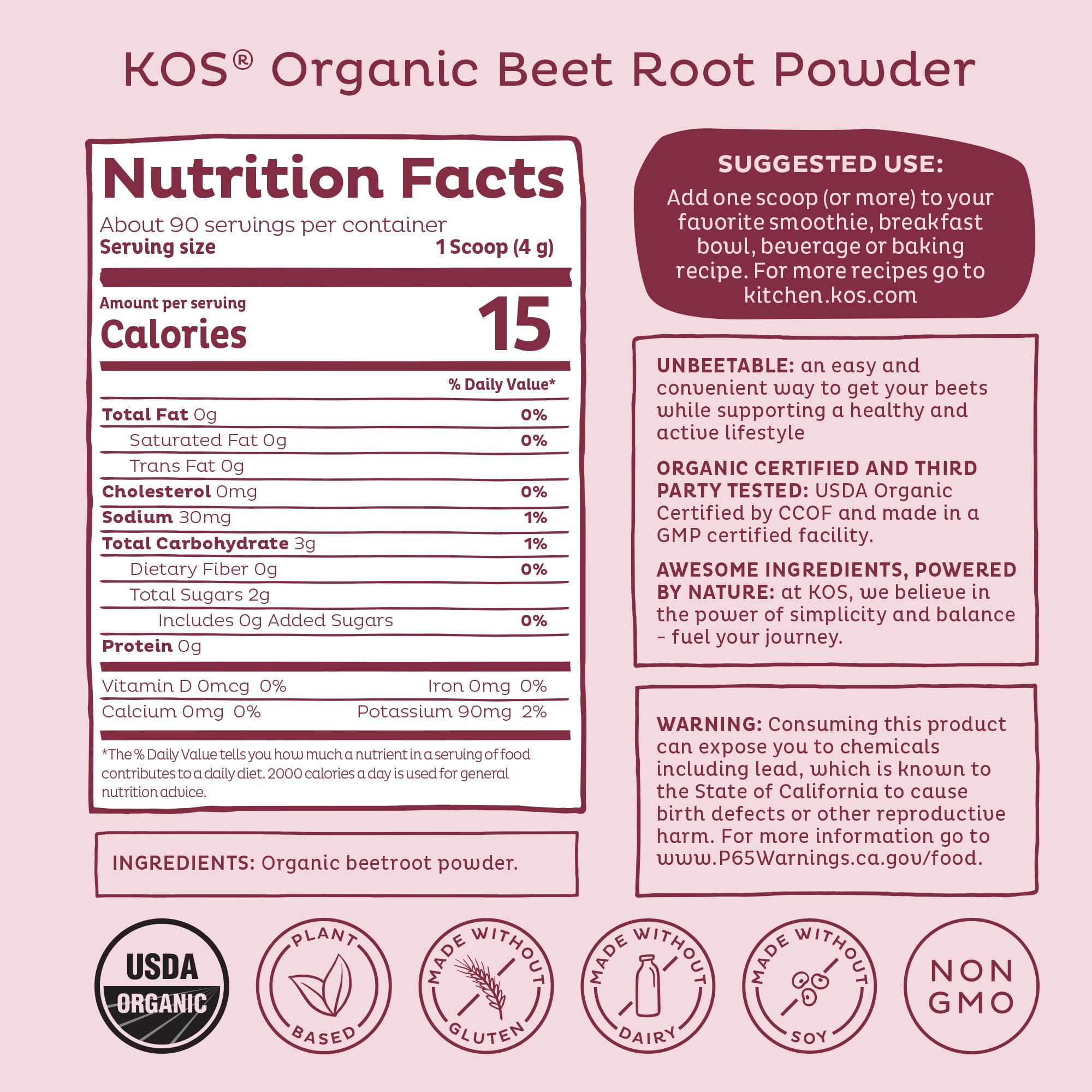 Nutrition facts panel for KOS Beet Root Powder