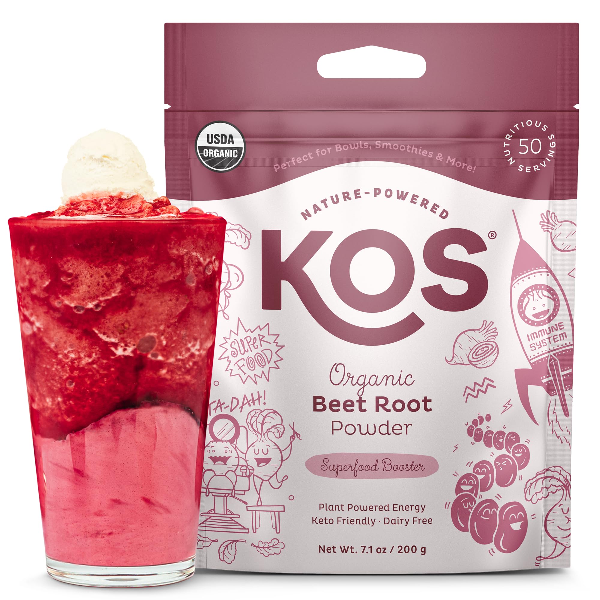 KOS Organic Beet Root Powder tub front shows a vibrant color boost for smoothies.