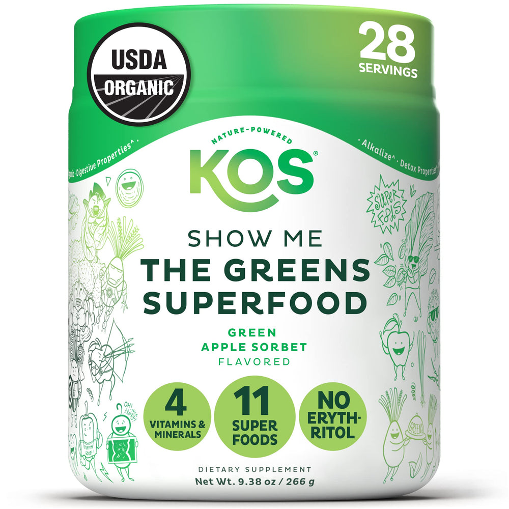 Jar of Kos Organic Super Greens Powder Apple Flavor