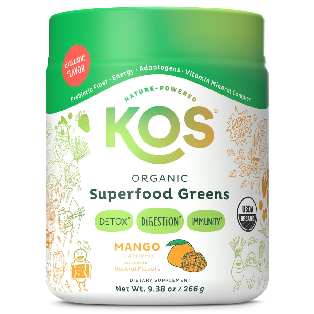 Front view of KOS Organic Superfood Greens Powder Mango tub with 28 servings